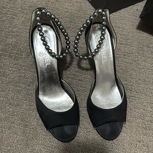 CHANEL Black and Silver Heels with Pearl Ankle Strap